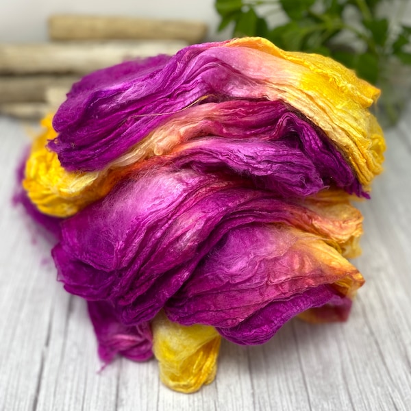 Silk Hankies, Hand dyed Mawata Silk to spin, felt, knit, fiber arts, berry pink yellow colors, Grade A Mulberry Silk, SUNSET