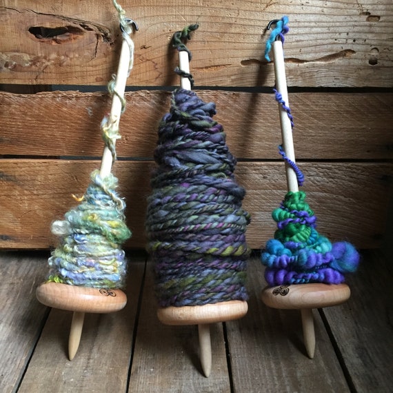 Art Yarn Drop Spindle W/fiber, Wood Burned Spiral Design, Bottom Whorl,  Spin & Ply Chunky Yarn, Wooden Yarn Spindle for Thick Yarn 