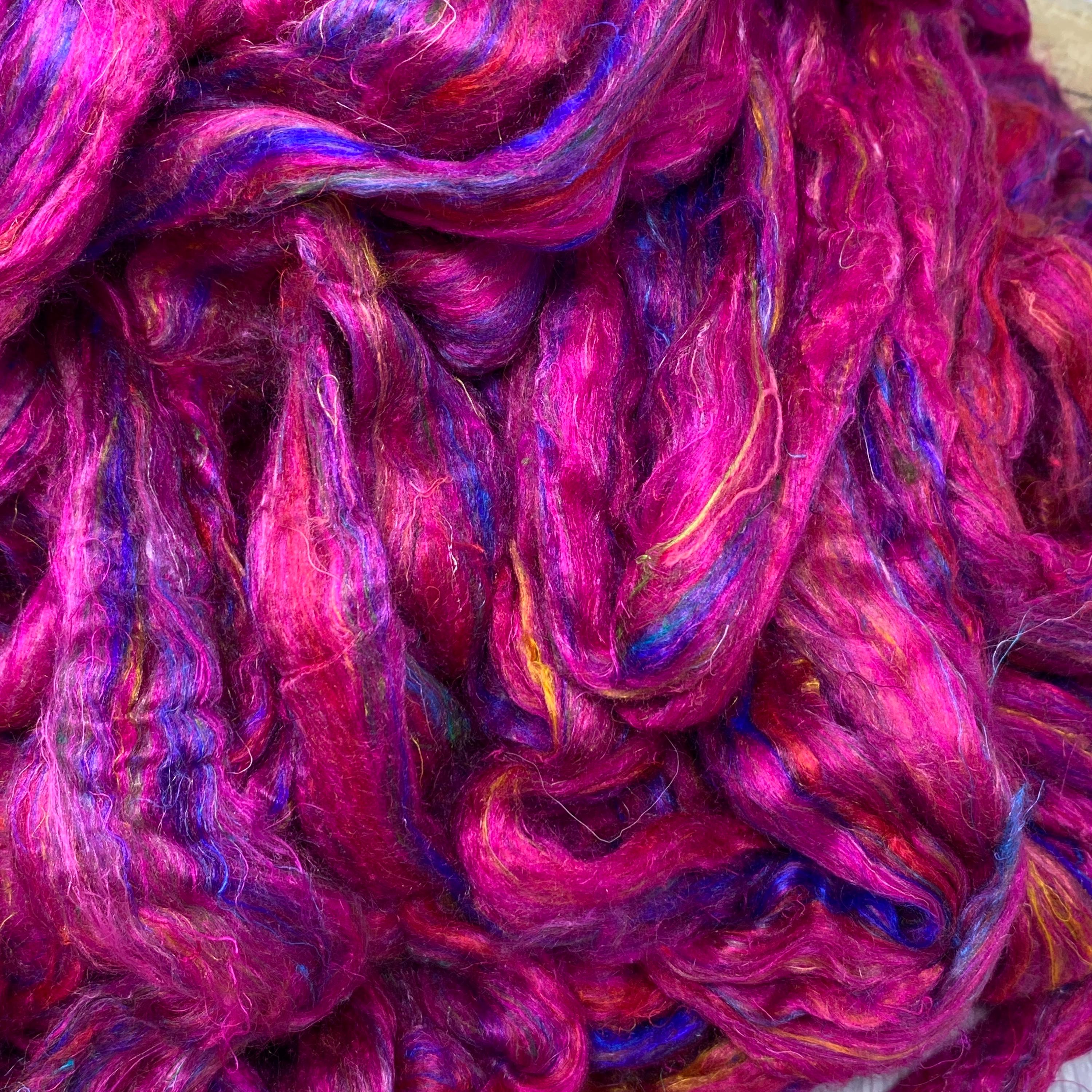 Sari Silk Roving for Spinning, Felting, Art Batts, Silky Soft Hot Pink Fiber, HOT STUFF