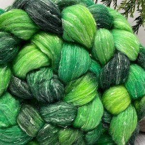 EAT Yer GREENS, Hand Dyed Merino Bamboo Viscose Wool Top,  Lullaby Luxury blend, soft fiber to spin, green colored roving, 4.2 ounces