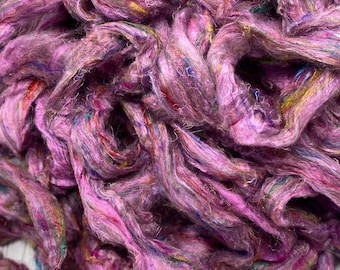 Sari Silk Roving, WILDFLOWER, for Spinning, Felting, Art Batts, Silky Soft Pink Rainbow Fiber