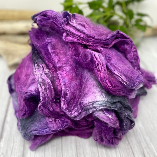 Silk Hankies, Hand dyed Mawata Silk to spin, felt, knit, fiber arts, purple gray color, Grade A Mulberry Silk, PURPLE HAZE