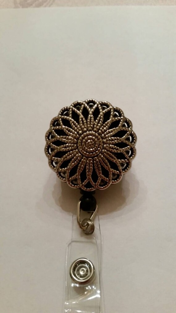 Silver Filigree Flower Medallion Retractable BADGE REEL ID BADGE HOLDER
