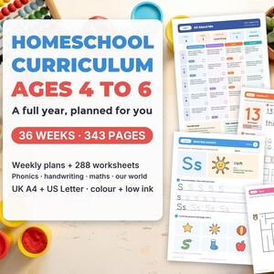 May include: A homeschool curriculum set for ages 4 to 6, featuring 343 pages and 36 weeks of content. The materials include weekly plans, 288 worksheets covering phonics, handwriting, math, and world studies, available in UK A4 and US Letter sizes.