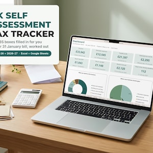 May include: A laptop displaying a UK Self Assessment Tax Tracker dashboard with financial data, charts, and tax calculations. The screen shows figures like £33,942 turnover and £2,295 estimated tax, compatible with Excel and Google Sheets.