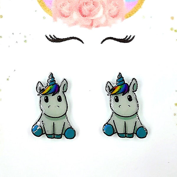 Boucles d'oreilles licorne en acier inoxydable minimaliste / Boucles d'oreilles petite fille / Sans allergie / Boucles d'oreilles enfants