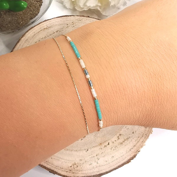 Bracelet double ultra fin minimaliste plaque or gold filled 14k et perles Miyuki turquoise, bleues claires métallisées et blanches nacrées