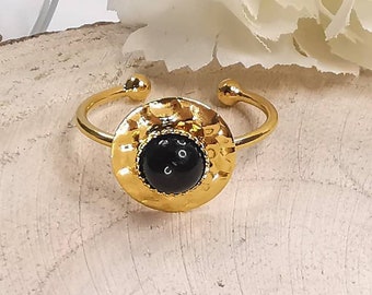 Bague réglable dorée à l'or fin avec une pierre en agathe noire