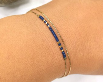 Ultra thin minimalist single or double bracelet 14k gold filled gold plate and navy blue Miyuki beads