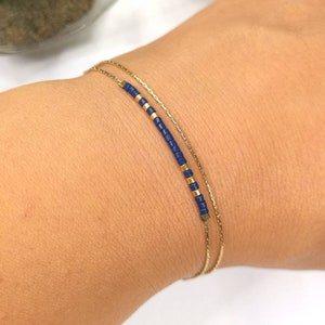 Ultra thin minimalist single or double bracelet 14k gold filled gold plate and navy blue Miyuki beads