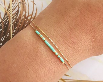 Bracelet double ultra fin minimaliste plaque or gold filled 14k et perles Miyuki bleues