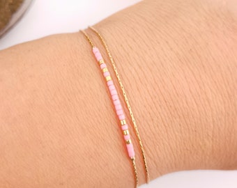 Bracelet double ultra fin minimaliste plaque or gold filled 14k et perles Miyuki roses