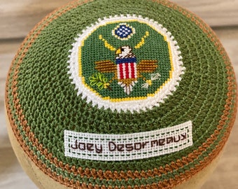 United States Navy, army kippah IDF or any military logo hand crocheted and cross stitched. Always custom made just for you.