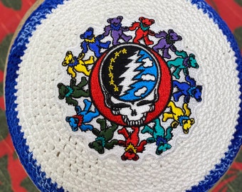 Dancing bear peace sign kippah or ANY patch you like on  coordinating hand crocheted kippah