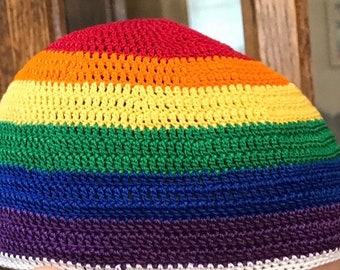 Child’s crochet kippah in rainbow stripes or any colors. Tell me head circumference and crown to ear in inches.