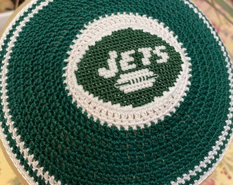 New York Jets inspired kippah yarmulke or YOUR team. Hand crocheted and cross stitched. Always CUSTOM crocheted just for you.