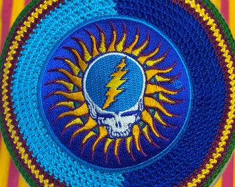 The Gratefuldead Kippah hand crocheted with this  machine embroidered patch or choose ANY  patch with coordinating hand crocheted kippah.