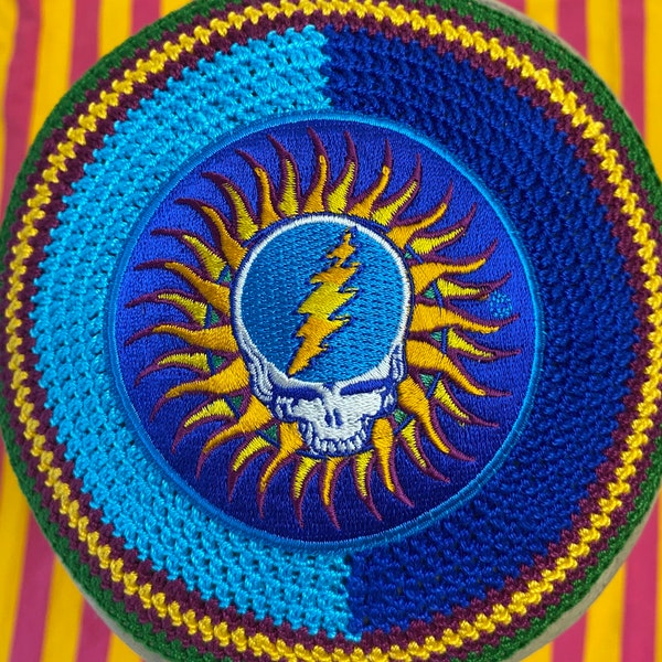 The Gratefuldead Kippah hand crocheted with this  machine embroidered patch or choose ANY  patch with coordinating hand crocheted kippah.