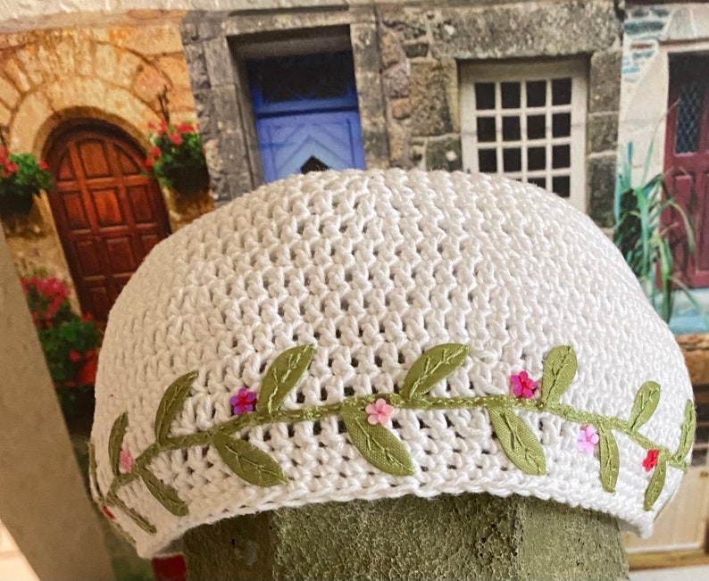 Kippah Tree of life etz Chaim flower of life tu bishvat yarmulke hand crocheted of all cotton thread custom made in YOUR colors for you. image 6