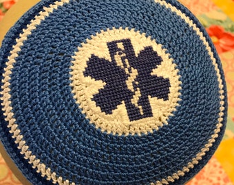 First responders doctors nurses kippah with your own CUSTOM theme or logo. All cotton hand crocheted and cross stitched just for you.