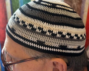 Josef Zawinul Pastorius style hat skull cap prayer cap kufi with peace sign . Any colors and themes. CUSTOM crocheted just for you.