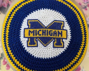 Kippah Michigan University Maryland Miami U Conn yarmulke or any school crocheted and sewn on cross stitch logo. Always CUSTOM crocheted.