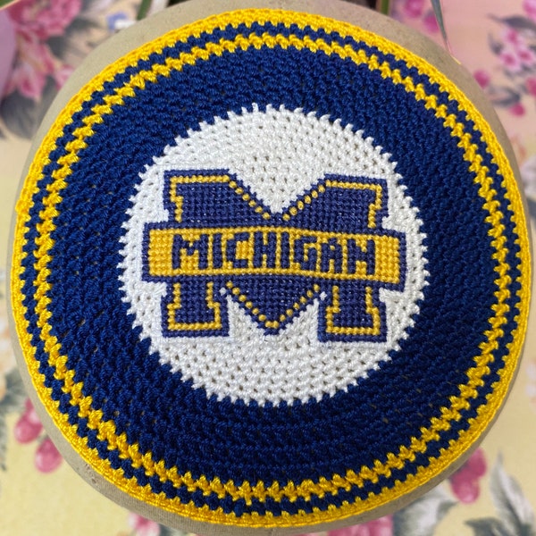 Kippah Michigan University Maryland Miami U Conn yarmulke or any school crocheted and sewn on cross stitch logo. Always CUSTOM crocheted.