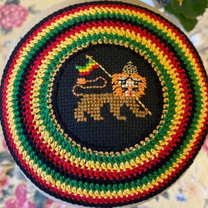 Lion of Judah kippah hand crocheted cross stitch rastafarian jamaican jewmaican interfaith ethiopian yarmulke prayer or YOUR custom design.