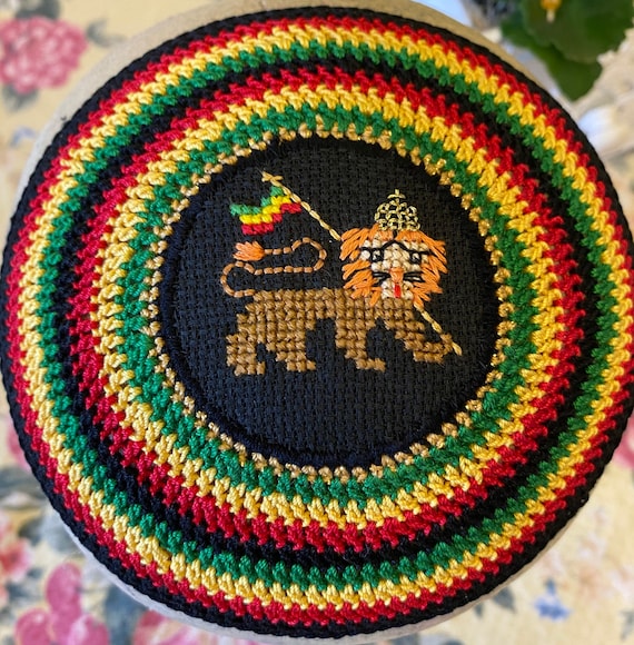Lion of Judah Kippah Hand Crocheted Cross Stitch Rastafarian
