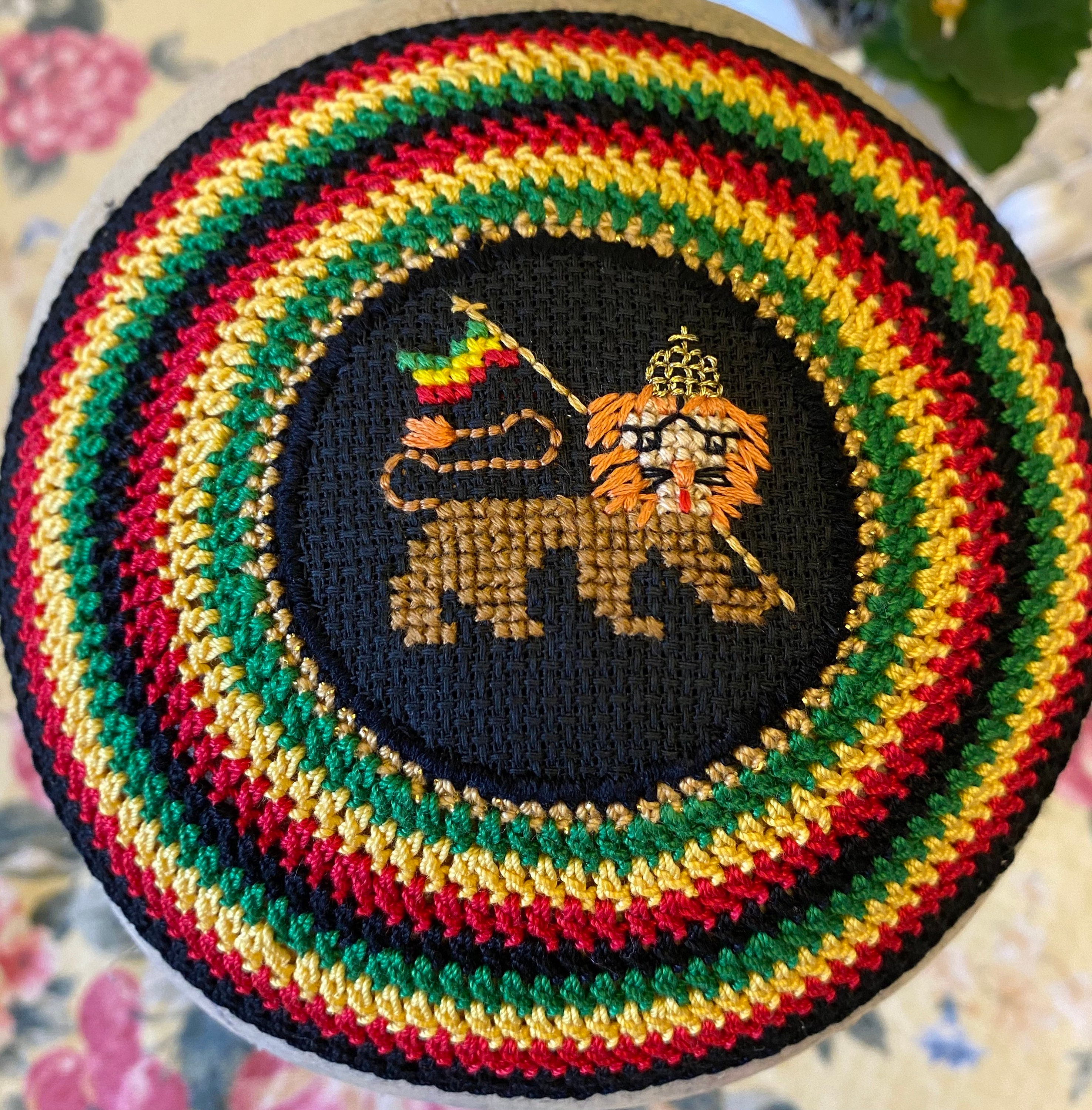 Lion of Judah Kippah Hand Crocheted Cross Stitch Rastafarian