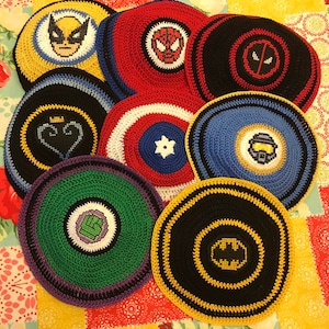 Any ONE Superhero transformers  inspired kippah yarmulke. . Hand crocheted and cross stitched. Tell me YOUR favorite superhero.