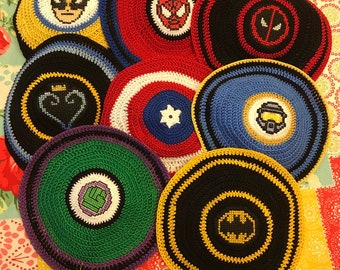 Any ONE Superhero transformers  inspired kippah yarmulke. . Hand crocheted and cross stitched. Tell me YOUR favorite superhero.