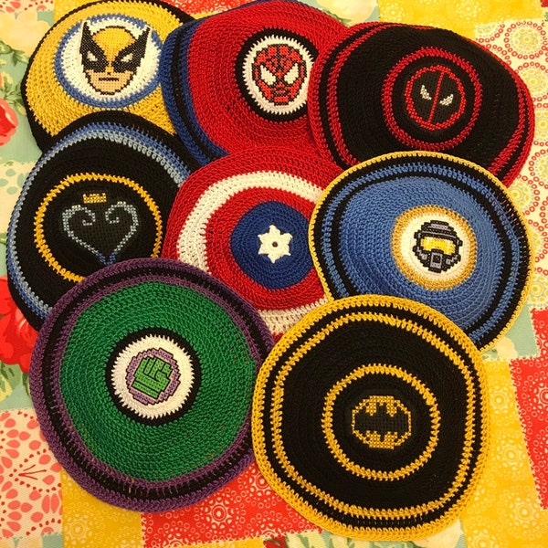 ANY one Superhero transformers  inspired kippah yarmulke. . Hand crocheted and cross stitched. Tell me YOUR favorite superhero.