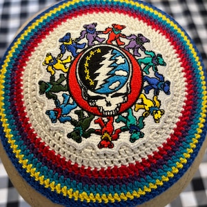 Dancing bear peace sign kippah or ANY patch you like on  coordinating hand crocheted kippah any colors
