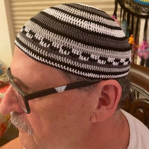Josef Zawinul Pastorius style hat skull cap prayer cap kufi with peace sign . Any colors and themes. CUSTOM crocheted just for you.