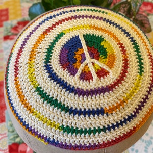 Peace sign kippah yarmulke ANY colors hand crocheted and cross stitched of all cotton thread. Always CUSTOM crocheted just for you.