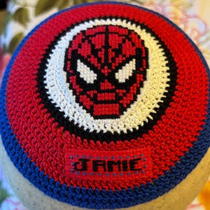Spiderman kippah yarmulke crocheted all cotton with cross stitch or  ANY superhero. Always CUSTOM crocheted just for you.