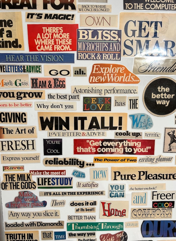Word Magnets Upcycled from Vintage Magazines, Set of 20 Random Words and Phrases