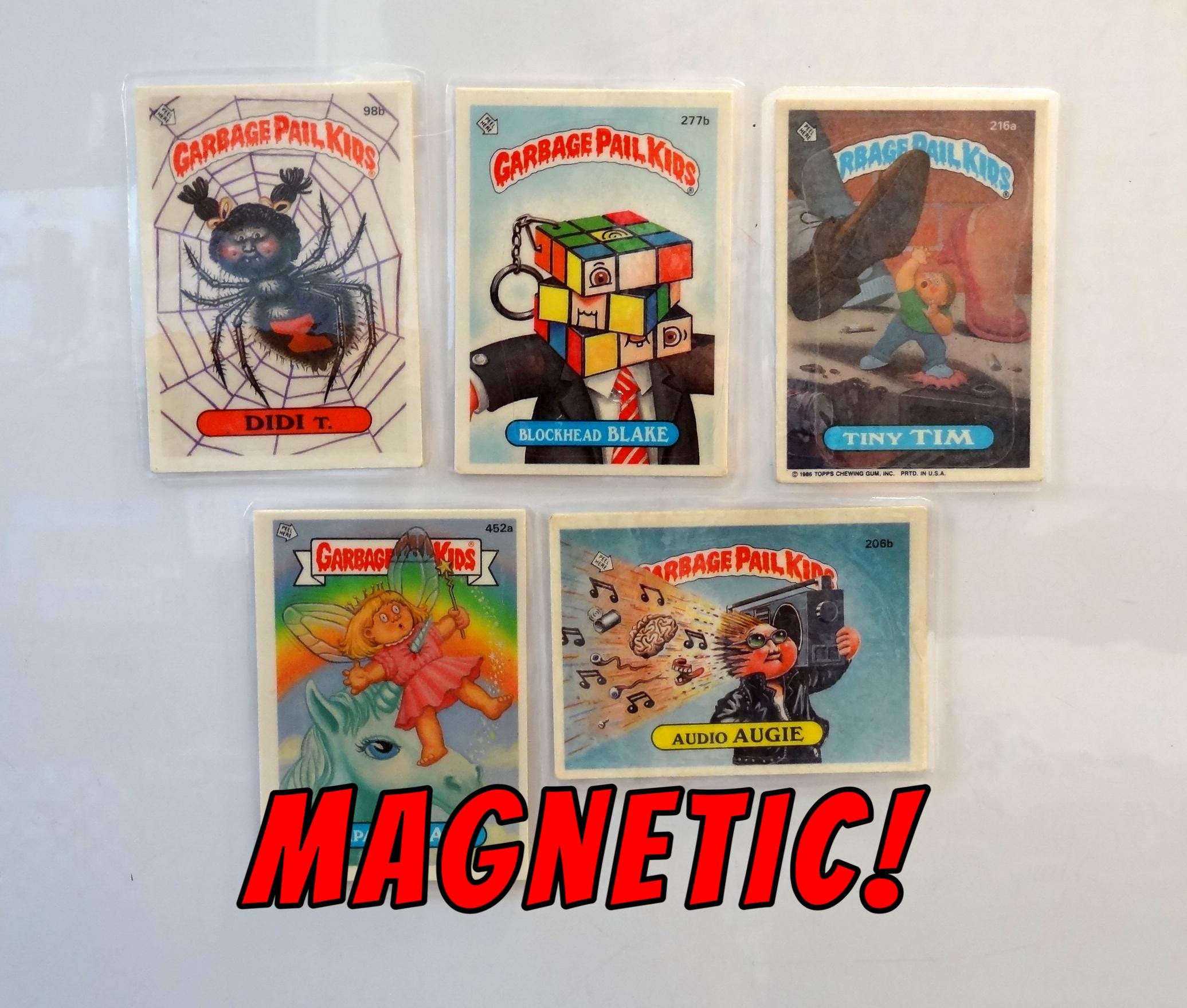 Garbage Pail Kids Magnets (set of 5) Didi T, Impaled Gail, Tiny Tim, Audio Augie, Blockhead Blake