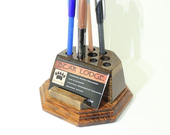 Desk Organizer - Pen Holder - Business Card Holder - Teak Wood + Red Oak
