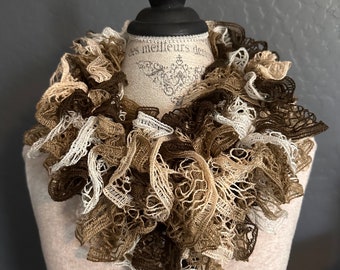 Handmade Ruffle Scarf in Brown, Tan and White