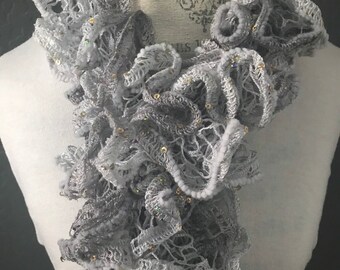 Handmade Ruffle Scarf in Gray and White