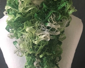Handmade Ruffle Scarf in Green and Silver