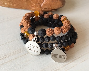 Mala Inhale Exhale, Pierre de Rudraksha, Breloque Why Not, 108 Lava-Stein, Armband für Wohlstand, Herbstmala, Stein von Citrine Geschenk