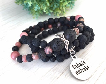 Inhale Exhale Mala, Volcanic Bead 8mm, Gift for Teacher, Rooting Prayers, Japa Mala Gems, Anxiety Antistress Pearl, Calm Gems, Black Angel