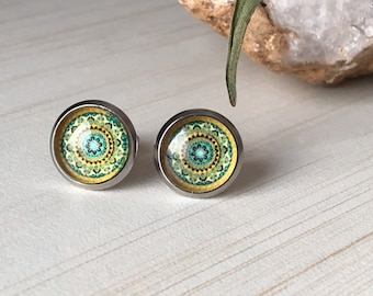 Mandala Posts Zen, Small Stud, Art Mandala Earrings, Zen Trending, Bohemian Stud, Colorful Jewelry, Glass Ear Posts, Yellow Cabochon 12mm