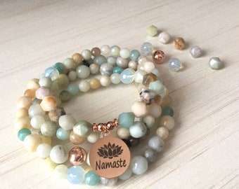 Star Cut Amazonite, 108 Tibetan Mala, Valentine Gift, Opalite Beads, Rose Gold Namaste, Japa Mala Bracelet, Lotus Flower Charm, Clear Gems