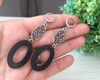 Tibetan Earring, Black Wood Stud, Gift for Sister, Light Oval Form, Flat Charm Silver,  Black and Silver, Gift for Friend, Gypsy Earrings