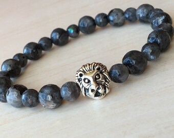 Men Dad Gift, Labradorite Lion, Gray Leo Bracelet, Lion King Bracelet, Gift for Young Dad, Lionhead Jewelry, Protection Bracelet