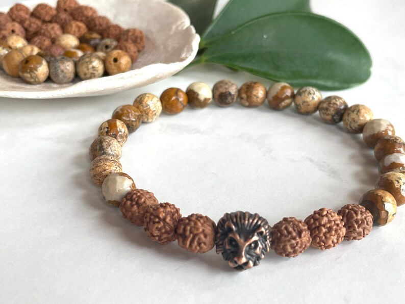 Lion Men Bracelet, Lion King Movies, Natural Jasper, Rudraksha Beads, Father's Day Gift, Brown Gemstone, Gift for Dad, Men Bracelet, Energy image 2